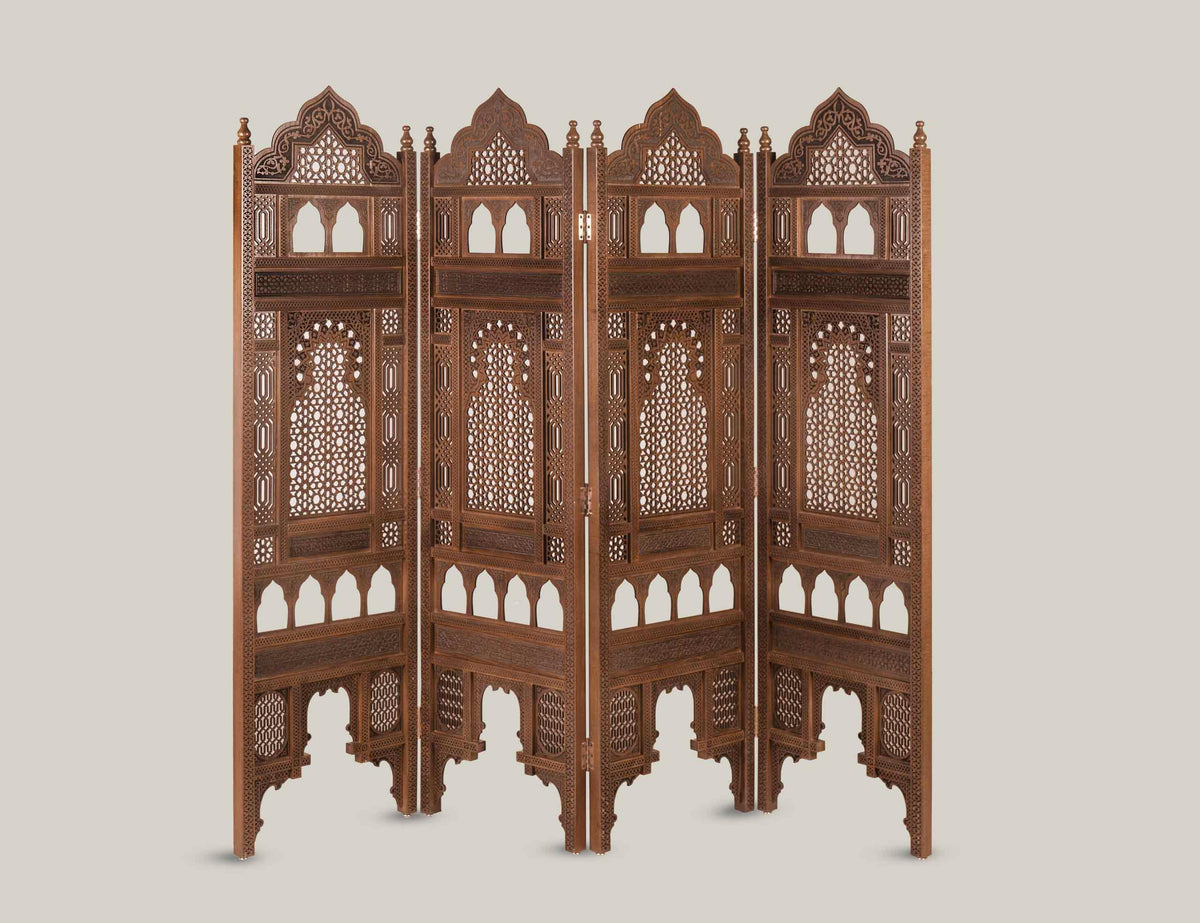 Anbar five-panel Damascene carved wooden room divider