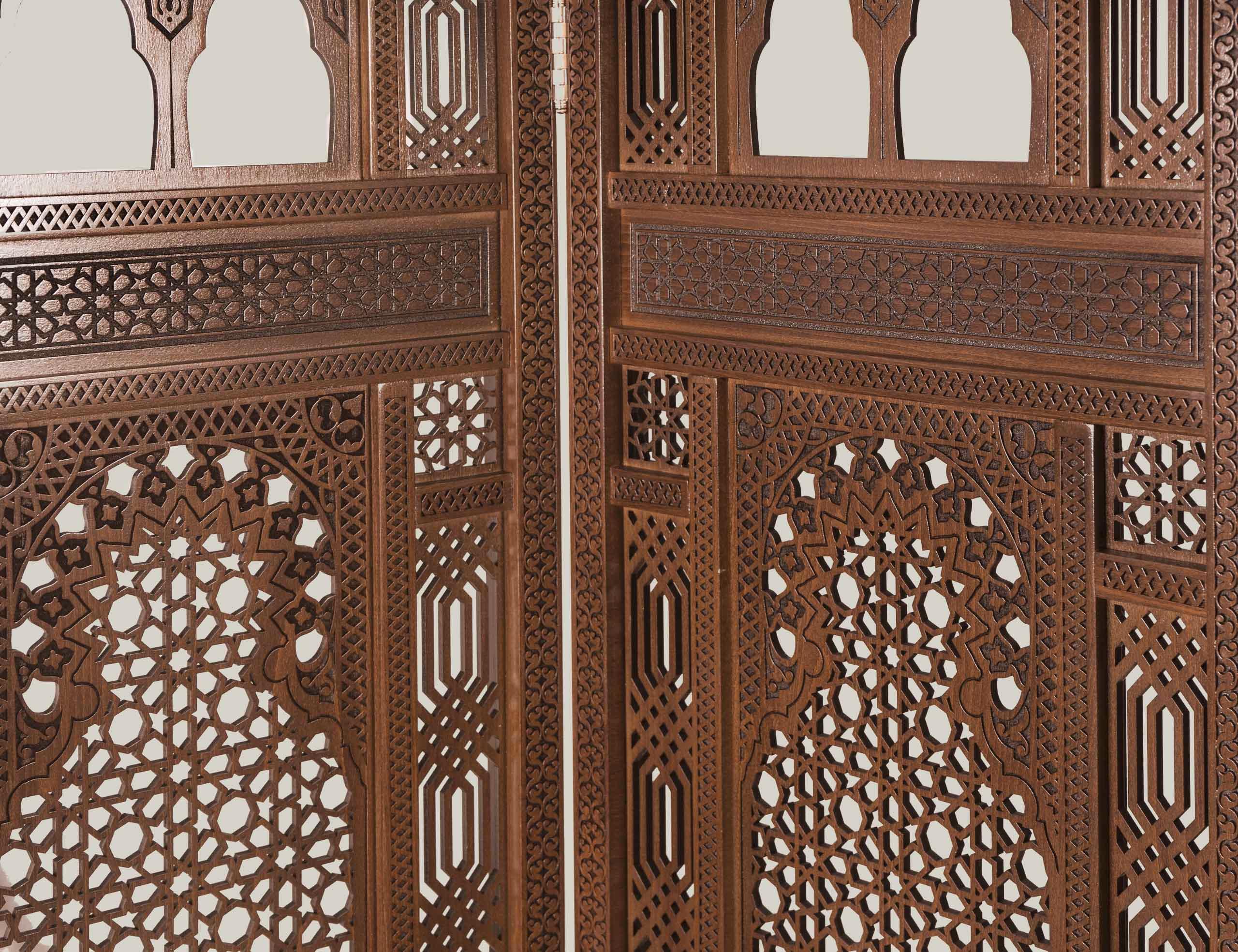 Antique oriental wooden screen with handmade vintage geometric carvings, shell-inlay style, UAE GCC