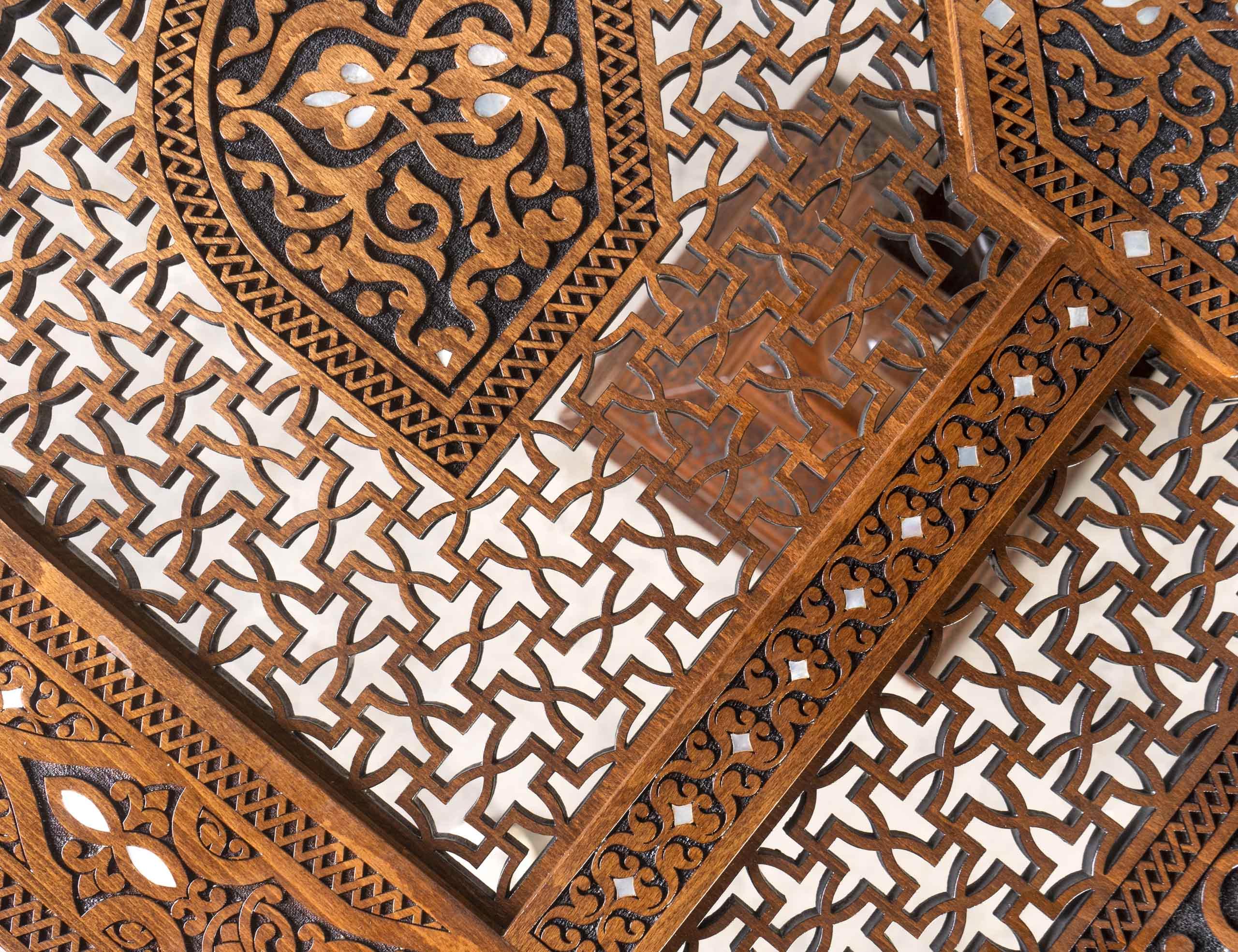 Antique oriental wood panel with vintage handmade mother-of-pearl shell-inlay from UAE GCC