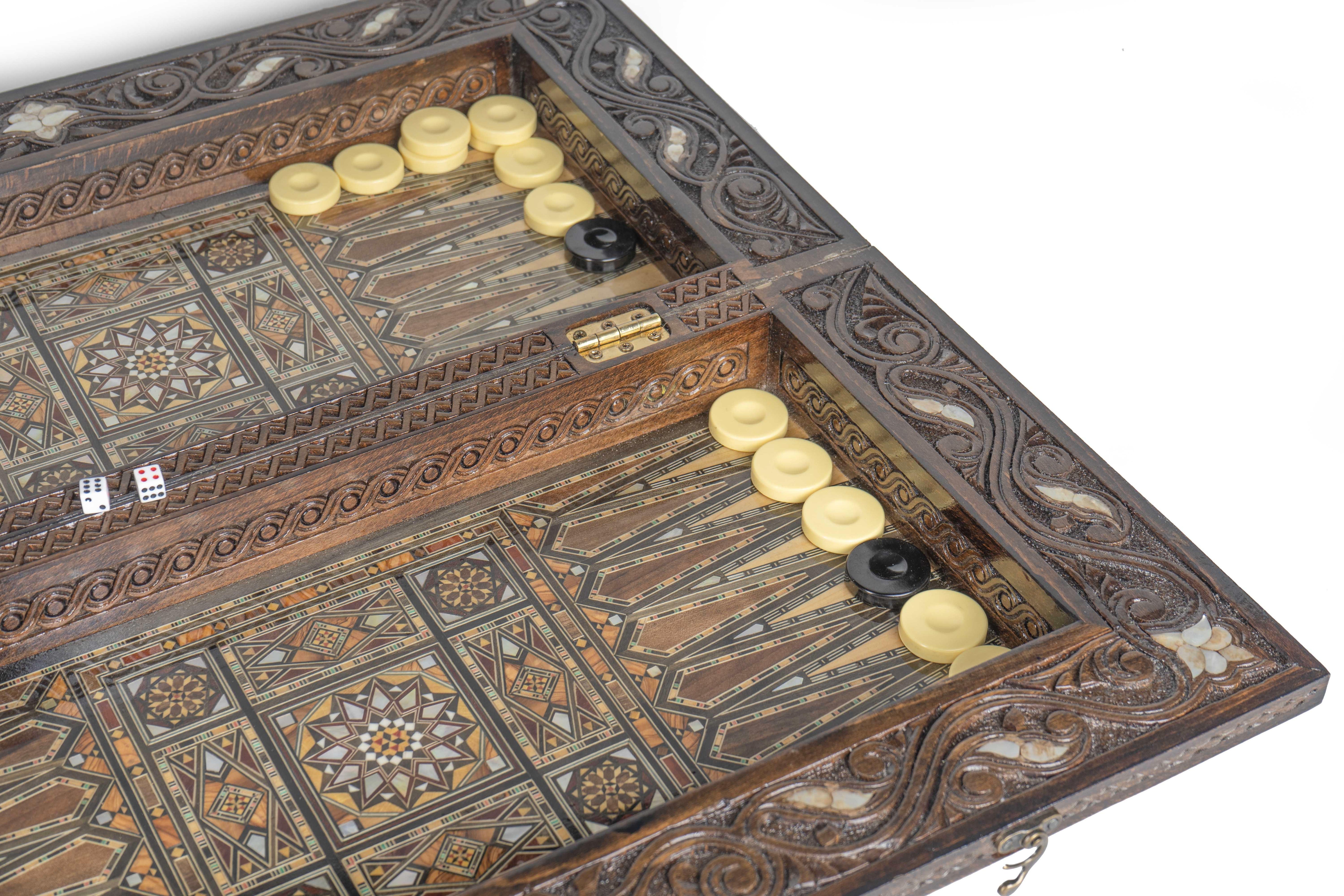 Antique oriental backgammon board with vintage mother-of-pearl shell-inlay, handmade in UAE GCC