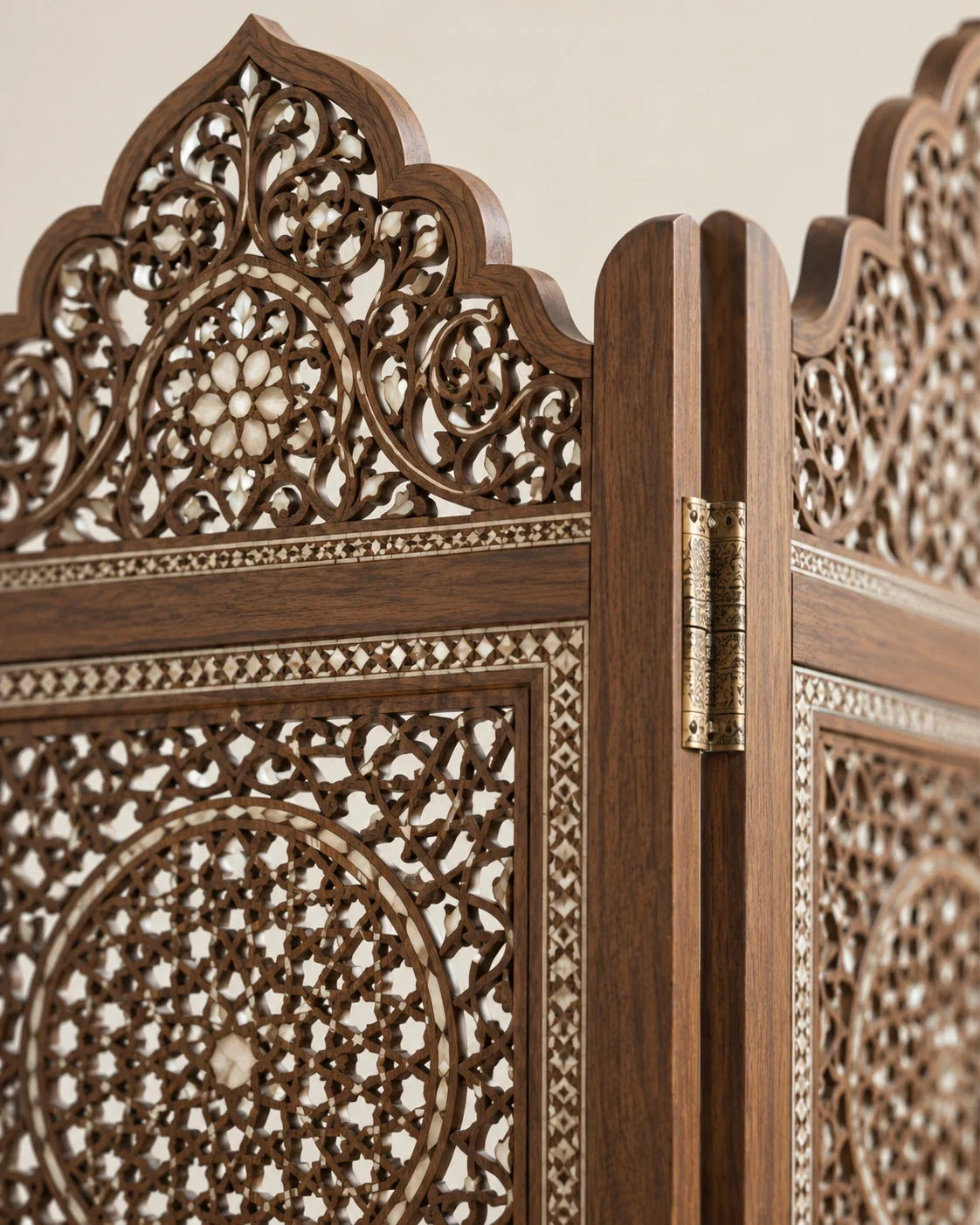 Carved wooden room divider (paravan) with arabesque lattice and mother-of-pearl inlay
