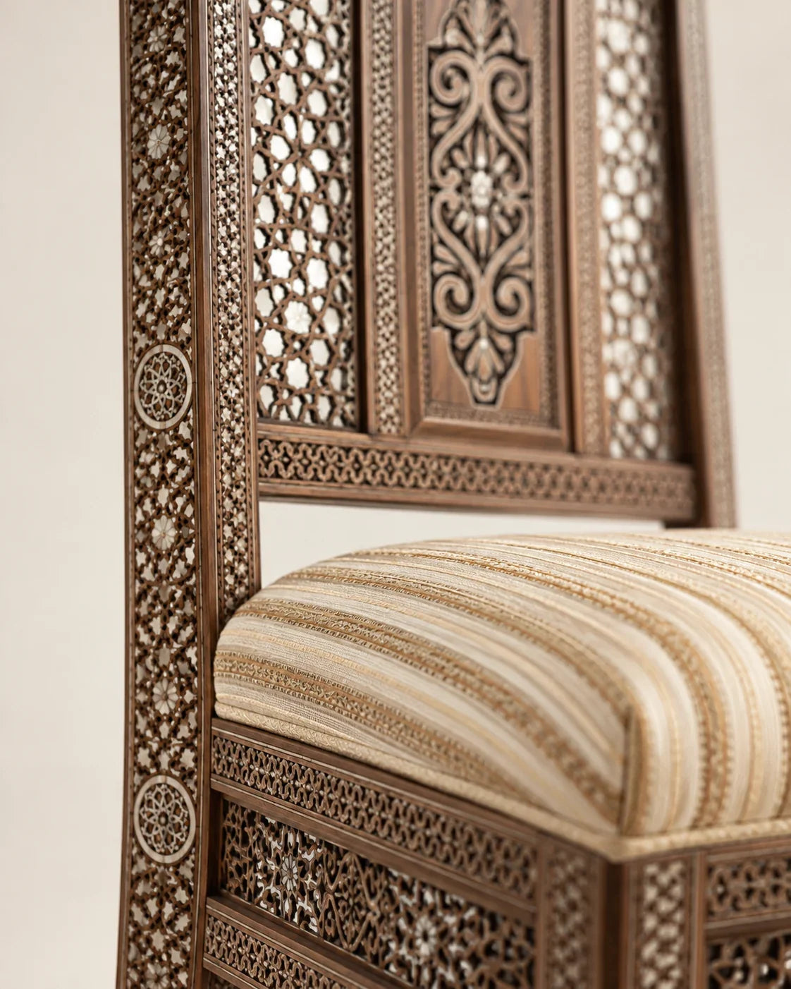Damascene chair with mother-of-pearl inlay and striped upholstered seat