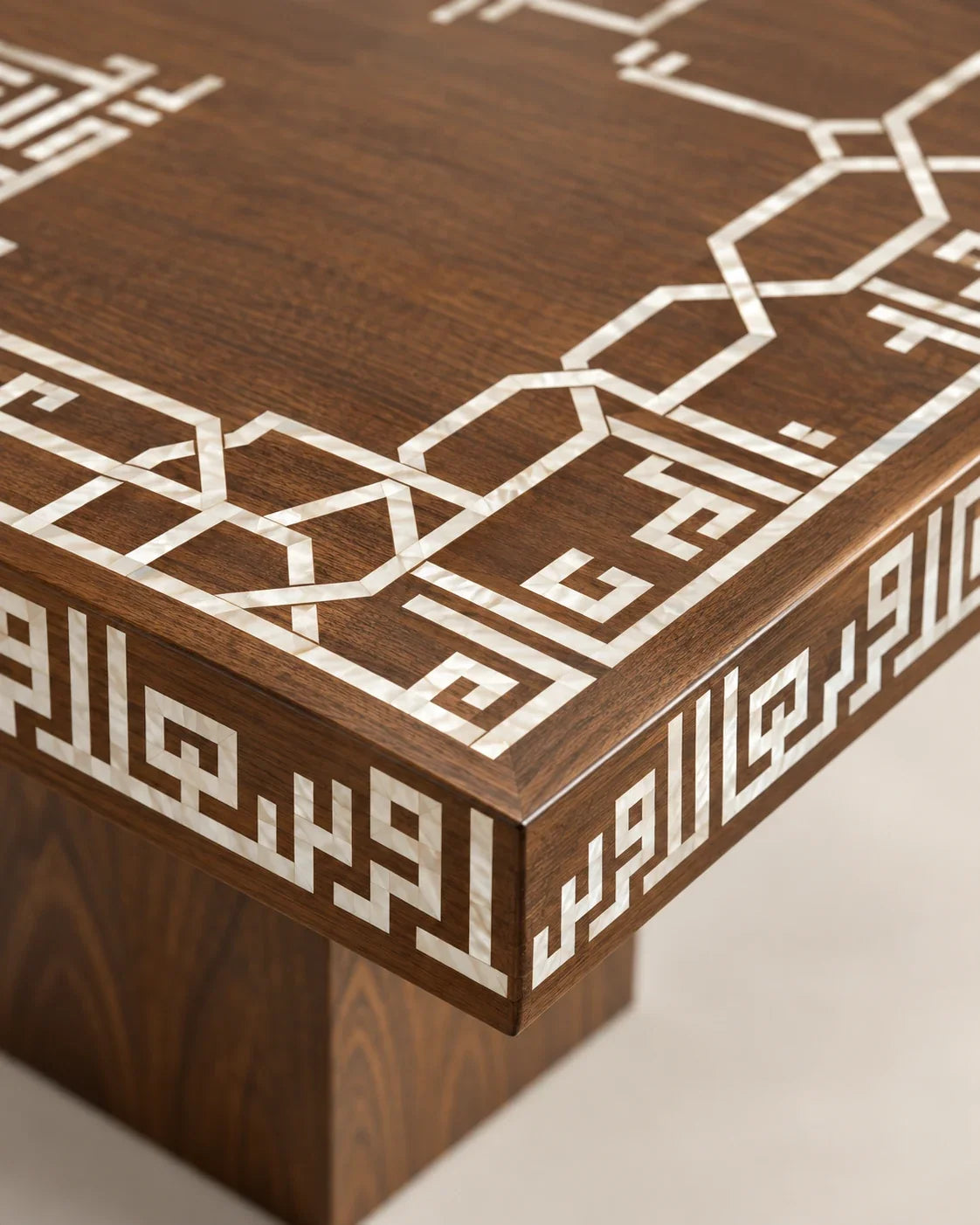 Table corner with mother-of-pearl Kufic calligraphy and geometric inlay