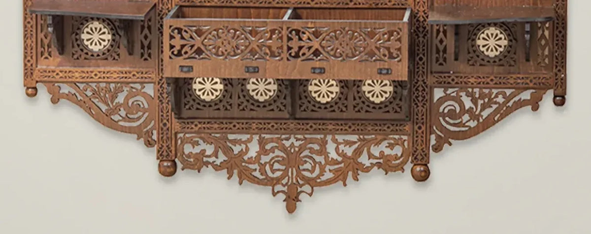 Tarquin carved mirror with shelves – carved shelves and lower frame detail