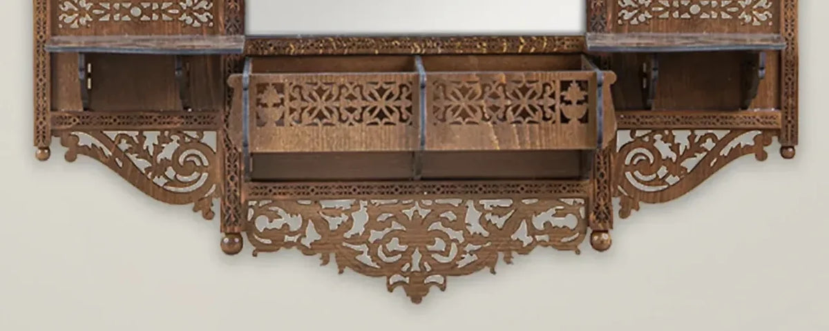 Tarquin Grande carved mirror with shelves – carved shelves and lower frame detail
