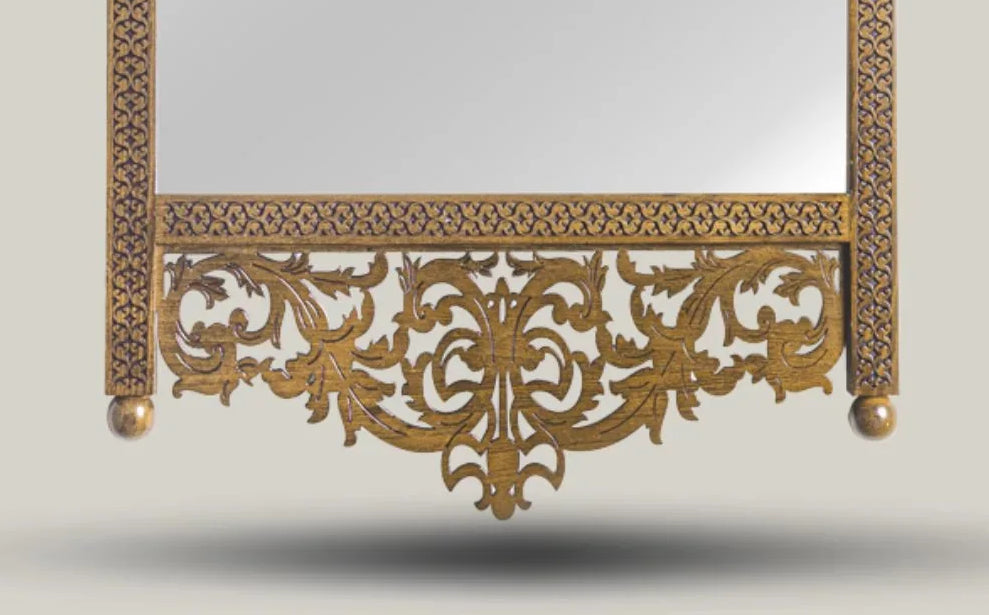 Nahlaya Damascene crown mirror – lower frame and carved base detail