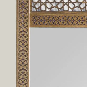 Tamra mother-of-pearl arched mirror – frame corner detail showing carving and mother-of-pearl inlay
