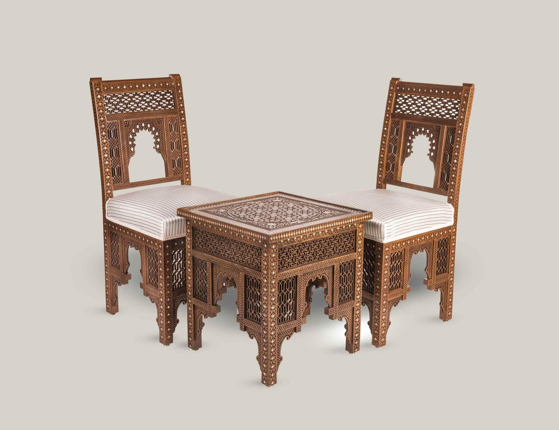 Antique oriental handmade wood chairs and table with vintage mother-of-pearl shell-inlay, UAE GCC